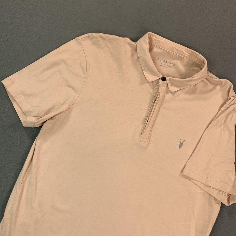 AllSaints Polo Shirt Mens Large Pink Solid Brace SS Skull Jersey Cotton‎